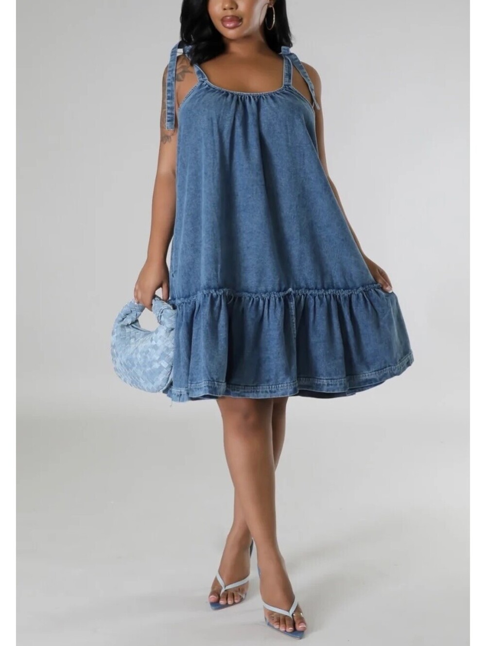 Denim Tie Shoulder Strap Raw Ruffle Hem Babydoll Dress Size XL